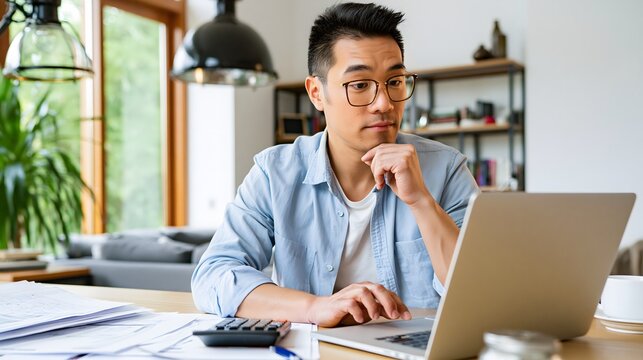 Asian adult man comparing monthly expenses and savings goals on a laptop, modern home office, financial documents and calculator on desk, focused professional expression, natural daylight, realistic