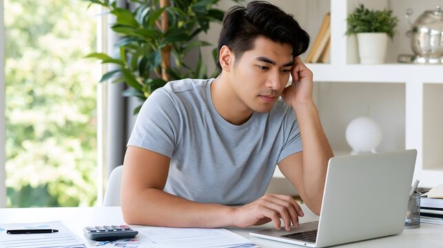 Asian adult man comparing monthly expenses and savings goals on a laptop, modern home office, financial documents and calculator on desk, focused professional expression, natural daylight, realistic