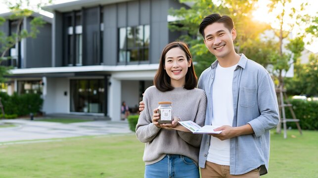 financial security concept, Asian adult couple standing beside their modern home while holding a savings jar and reviewing household financial plans, peaceful suburban environment, warm natural