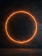 Naklejka premium Glowing orange neon circle light frame on a dark textured stone wall surface