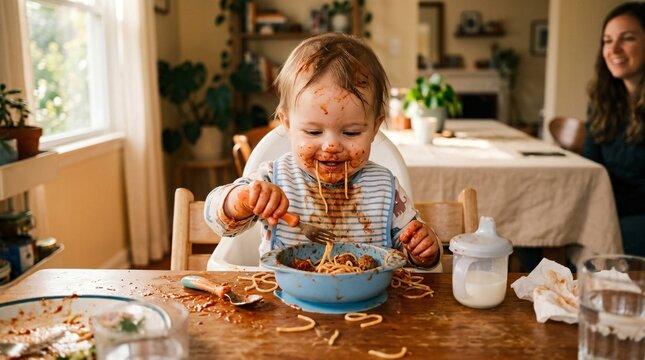 Toddler sitting at a wooden dining table eats messy spaghetti with a fork independently.