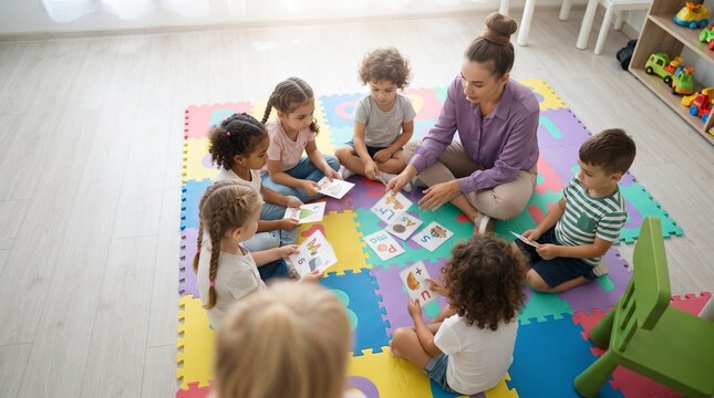 Preschool Teacher Teaching Alphabet to Multiethnic Toddlers Sitting on Colorful Mat