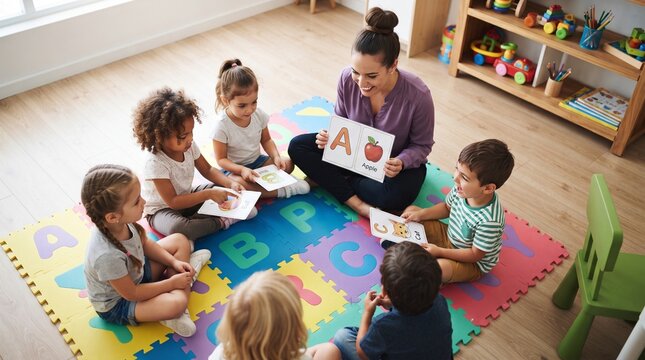 Preschool Teacher Teaching Alphabet to Multiethnic Toddlers Sitting on Colorful Mat