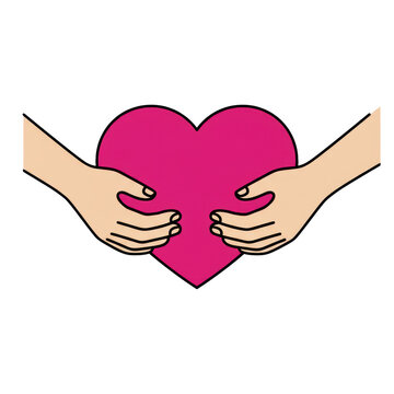 Beige hands gently embrace a vibrant magenta heart on a stark white background, a minimalist vector illustration, symbolic self-care and empathy concept.