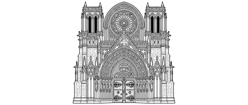 Ornate Gothic Cathedral Facade Line Art Isolated