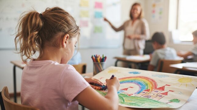 Primary School Child Coloring Rainbow and Castle Picture at School Desk