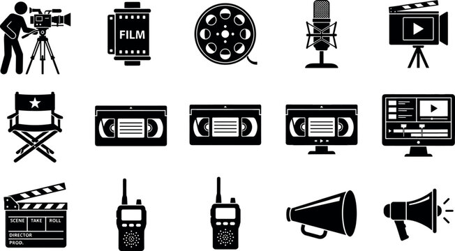 Movie production and cinematography flat icon set featuring black silhouettes of camera filmmaker director chair film reel and video editing timeline isolated on white background