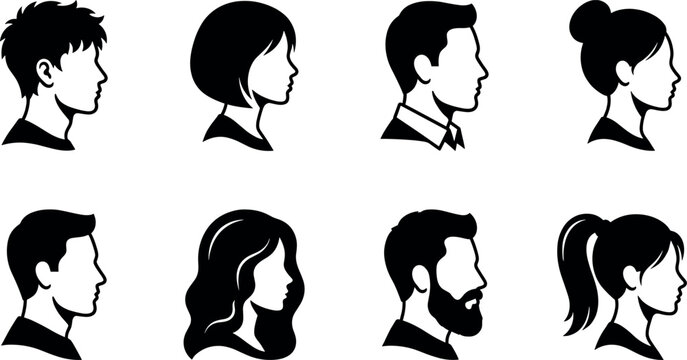 People avatar profile vector icon set featuring flat black silhouette user faces with diverse hairstyles and side views isolated on white background