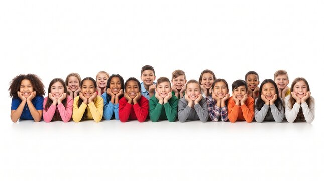 Multicultural Kids and Classmates Lying Together in a Row with Hands on Chin Panoramic Banner