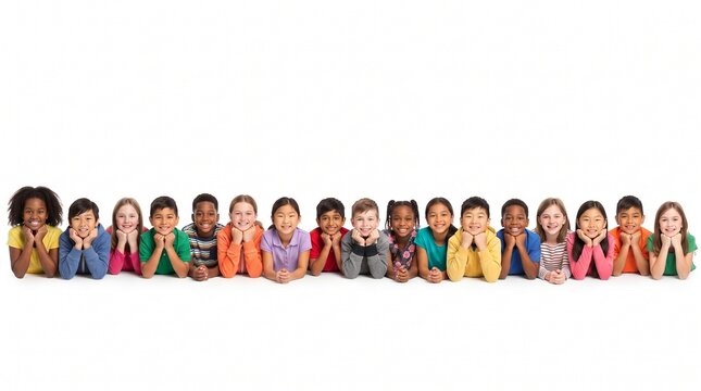 Multicultural Kids and Classmates Lying Together in a Row with Hands on Chin Panoramic Banner