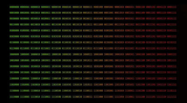 Colorful Binary Code Pattern on a Black Background.