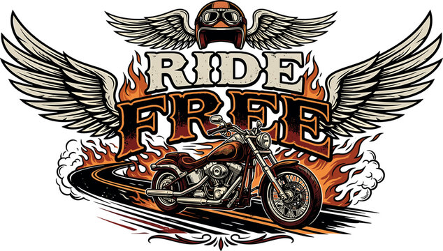 Ride free motorcycle custom badge featuring retro chopper bike on winding road with flames wings and helmet for t-shirt apparel prints isolated on white background