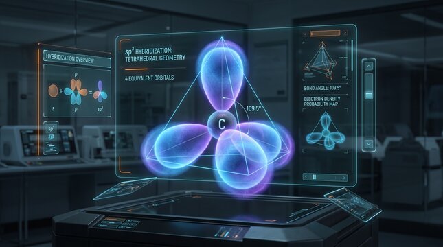 Scientist viewing tetrahedral sp&sup3; hybrid orbitals. Researcher analyzing molecular structure.