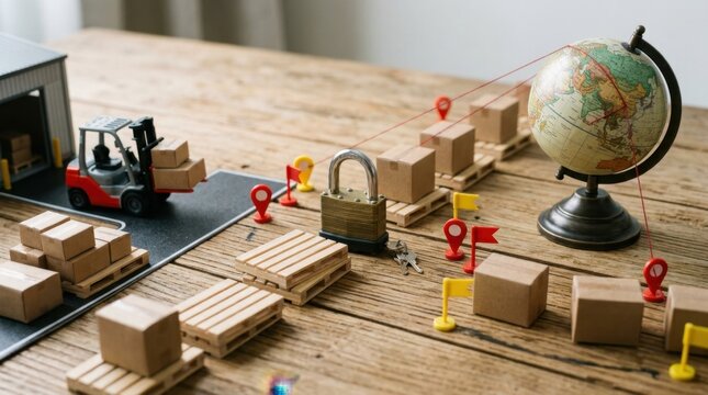 Supply chain risk management with miniature pallets, padlock, globe, carton boxes and warehouse forklift model on a clean table.