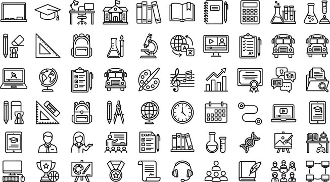 School and university education line icons mega set featuring learning science stationery and digital e-learning symbols