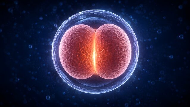 Two cell stage embryo division cleavage process of human zygote in microscopic biological research view