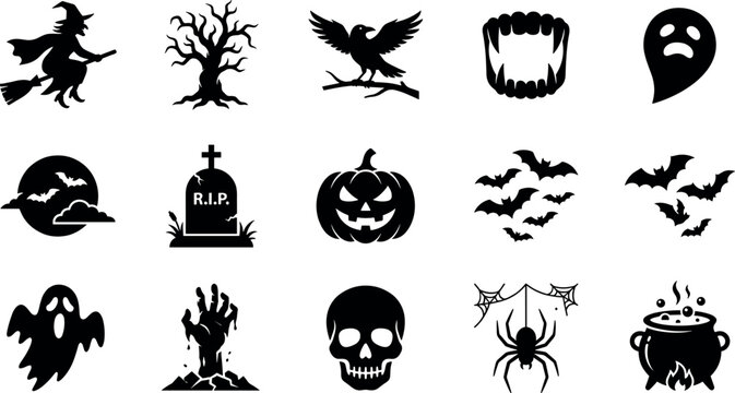 Spooky Halloween vector icon set with black flat silhouettes of flying witch haunted tree zombie hand skull and grave isolated on white background