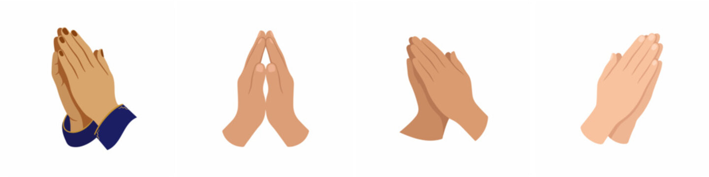 Set of human hands in prayer or namaste gesture isolated on white background