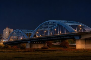 Naklejka premium Illuminated Maruko Bridge over Tama River at night in autumn, Kawasaki,