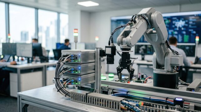 AI automation control room with robotic arm, machine-vision camera, edge-computing modules, cable harnesses, and glowing process indicators on aluminum surfaces.