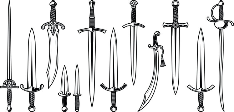 Medieval Sword and Dagger Hand Drawn Line Art Icon Set Collection