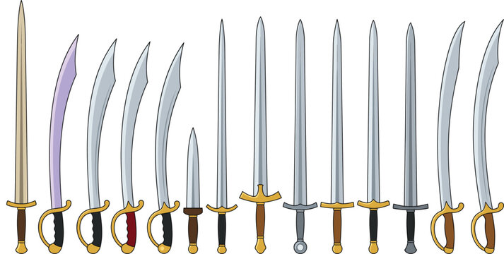 Set of Medieval Fantasy Swords and Sabers Vector Icon Collection Illustration