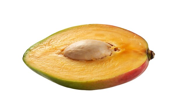 Fresh half of a ripe mango fruit with seed inside isolated on white background