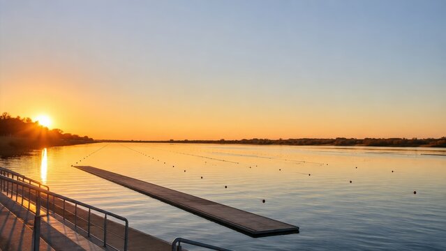 Rowing Lake with Floating Pontoon and Buoys at Golden Sunset