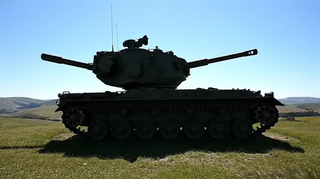 Military tank stands silhouetted against a clear blue sky on a grassy hill.