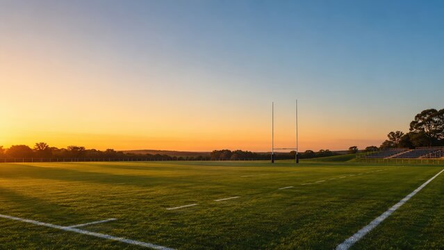 Sports Field at Sunset with Goalposts and White Grass Markings