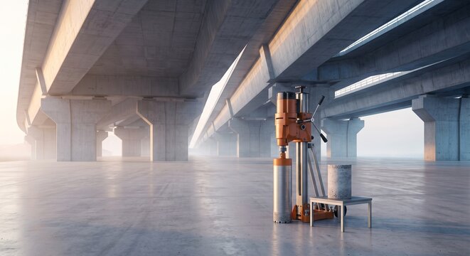 Concrete core drilling machine at a highway infrastructure construction site