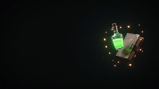 3D animated motion graphic of a glowing green alchemist potion bottle floating on dark black background