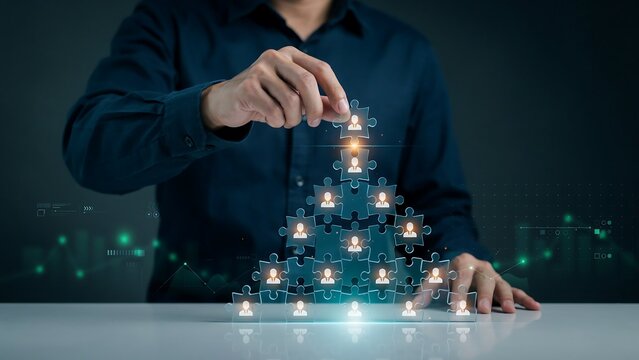Business concept: Man's hand placing user icon puzzle pyramid on office table