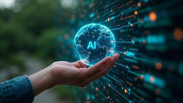 Hand holding holographic AI globe with digital connection lines
