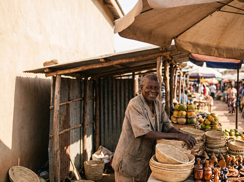  Small Business Owner Arranging Goods at Market Stall. Microfinance & Small Business Ownership Self Employment. 