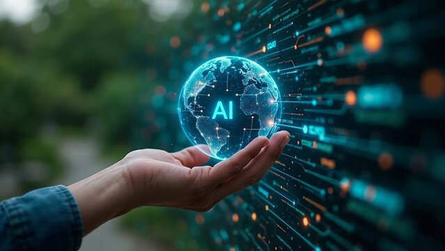 Future of AI Technology: Hand Holding Digital Globe