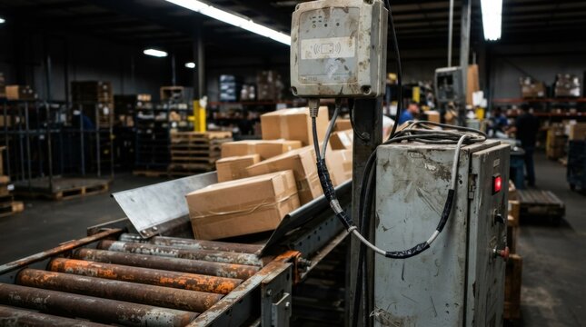 Warehouse technology bottleneck with conveyor rollers, cartons, patched cable, RFID reader, and stalled sorting lane