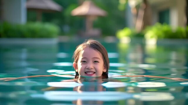 Summer hot vibe lifestyle. A candid portrait of a young girl swimming in a pool. The shallow depth of field focuses on her face and upper body. The water is a vibrant turquoise.