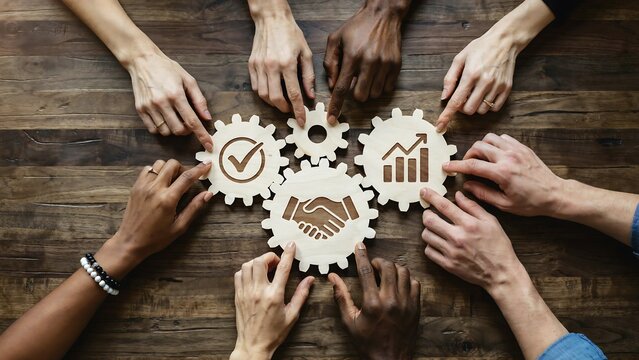 Diverse Hands Connecting Wooden Gear Symbols