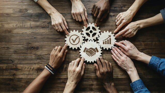 Diverse Hands Forming Gear Business Teamwork Concept On Wooden Background Stock Photo
