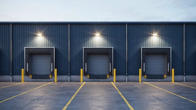 Warehouse exterior with loading bays and yellow bollards