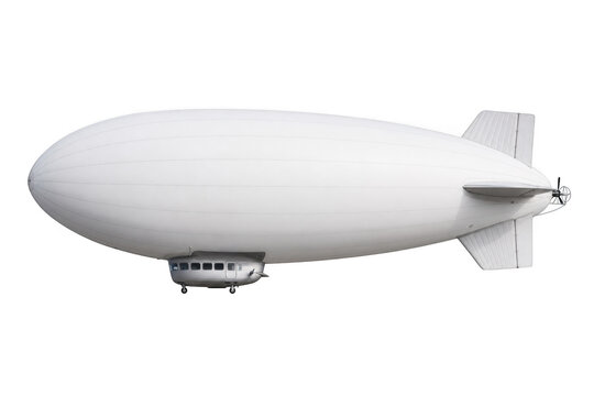 Large white airship blimp floating with blimp balloon, dirigible aircraft isolated on transparent background