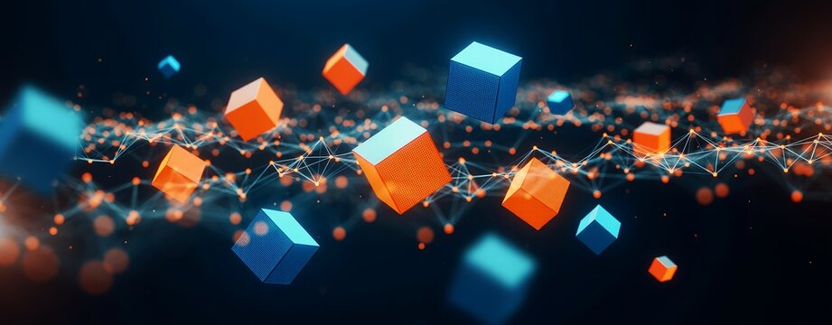 Abstract 3D Cubes in Cyberpunk Digital Network Concept