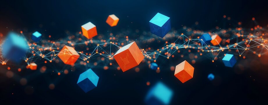 Abstract colorful cubes floating in a digital network with particles