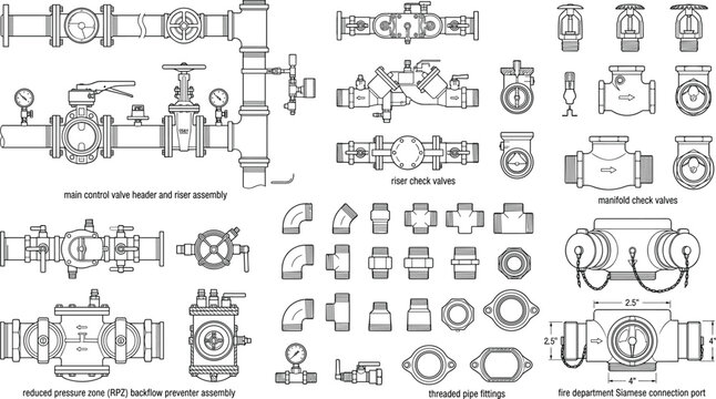 Fire Protection Plumbing Components Valves Fittings and Backflow Preventer Line Art Vector Illustration
