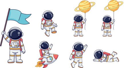 Cute astronaut cartoon vector character set holding flag riding rocket balloon floating and waving in space © tuzam