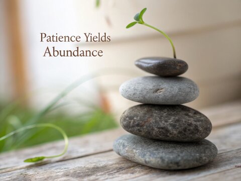 Stacked Zen Stones with a Growing Sprout Symbolizing Patience