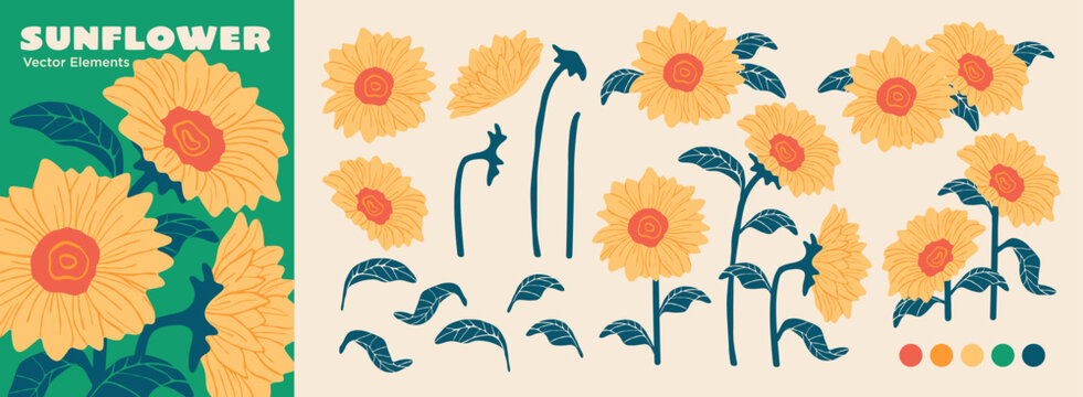 Editable sunflower Floral Part Set