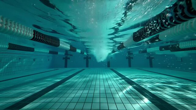 Summer hot vibe lifestyle. A vivid underwater photograph of an indoor swimming pool. The pools surface is illuminated by a bright light source, casting a radiant glow on the waters surface.