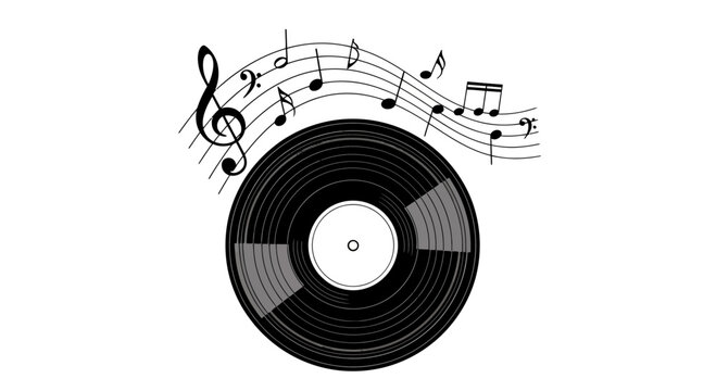 Vinyl record with musical notes and a retro vibe, classic and timeless music theme for fans.
